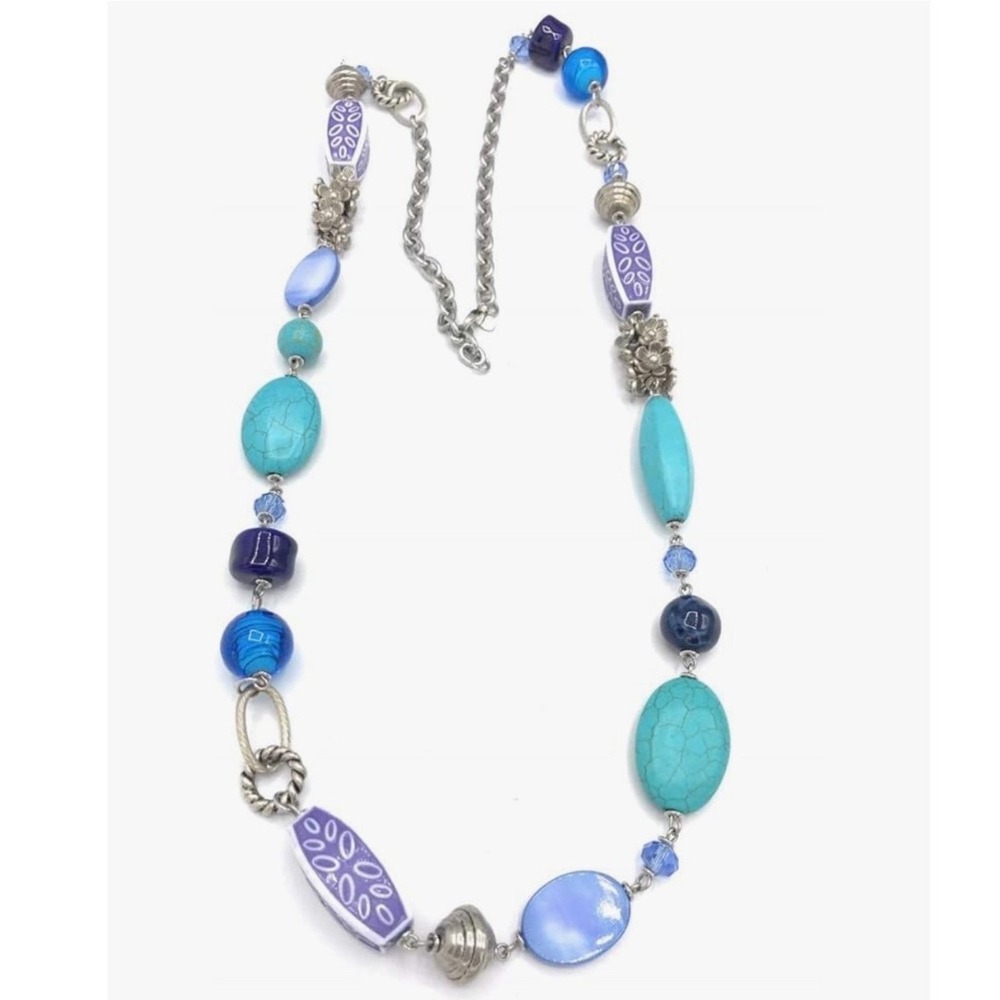 Premier Designs Blue Lagoon Beaded Necklace Silver Tone Blue Purple Indie Sleaze